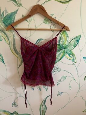 Vintage Etam Sheer Lace Trim Burgundy Floral Camisole